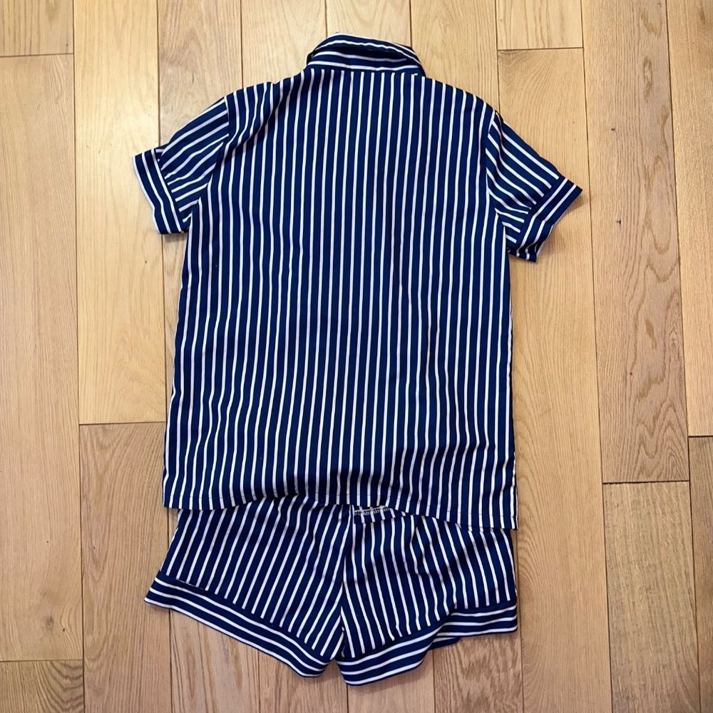 Blue and White Vertical Striped Loungewear Pajama Set - Picture 2 of 8